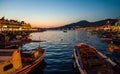 Fishing boats at dawn in Foca town near Izmir, Turkey Royalty Free Stock Photo