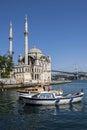 Fishing boats docked in the Bosphorus adjacent to the Ortakoy Camii mosque at Ortakoy in Istanbul, Turkey. Royalty Free Stock Photo