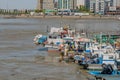 Fishing boats docked in mudflats Royalty Free Stock Photo