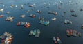 Aerial top view photo of red traditional wooden fishing boat in the harbor Royalty Free Stock Photo