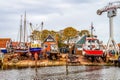 Fishing boats in the dry dock in the harbor of the fishing village of Urk in the Netherlands