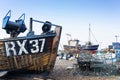 Old Fishing boats and equipment on Hastings beach landscape at d Royalty Free Stock Photo