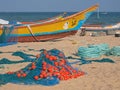 Fishing boats and gear on a Tamil Nadu shore Royalty Free Stock Photo