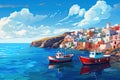 Fishing boats at Greek island. Artwork poster design. Generative Ai illustration