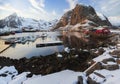 Fishing boats in Hamnoya port in winter at the Lofoten in Norway . Royalty Free Stock Photo