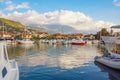 Fishing boats in harbor. Beautiful autumn Mediterranean landscape. Montenegro, Bay of Kotor. Tivat city Royalty Free Stock Photo