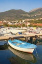 Fishing boats in harbor, beautiful Mediterranean landscape.  Montenegro, Bay of Kotor. View of Marina Kalimanj in Tivat city Royalty Free Stock Photo