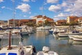 Fishing boats in harbor. Beautiful Mediterranean landscape on sunny wither day. Montenegro, Tivat city Royalty Free Stock Photo