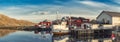 Fishing boats in harbor at midnight sun in Northern Norway, Lofoten Island, Fredvang, Norway