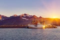 Fishing boats in harbor at midnight sun in Northern Norway, Lofoten Island, Ramberg, Norway Royalty Free Stock Photo