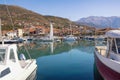 Fishing boats in harbor. Montenegro, Bay of Kotor. View of Marina Kalimanj in Tivat city Royalty Free Stock Photo