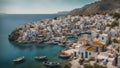 fishing boats in a harbor in a traditional greek island village with old white houses