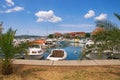 Fishing boats in harbor. View of Tivat town, Montenegro Royalty Free Stock Photo