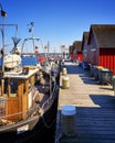 Fishing boats in the harbor Weisse Wiek. Letters with Boltenhagen Fischereihafen means Boltenhagen fishing port