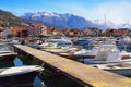 Fishing boats in harbor. Winter Mediterranean landscape. Montenegro. View of Marina Kalimanj in Tivat city Royalty Free Stock Photo