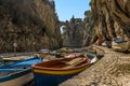 Fishing boats line the quayside in Fiordo di Furore on the Amalfi Coast, Italy Royalty Free Stock Photo