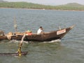 Fishing boats lined along the shore. India, Karnataka