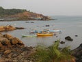 Fishing boats lined along the shore. India, Karnataka