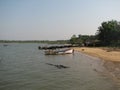 Fishing boats lined along the shore. India, Karnataka