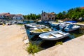 Fishing boats moored in harbor or port on Silba, Croatia.