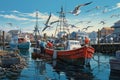 Fishing boats moored in the harbor with seagulls, A busy fishing dock with seagulls, boats and fishermen at work, AI Generated