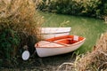 Fishing boats moored in the reeds on the river. Royalty Free Stock Photo