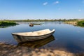 Fishing boats moored at the river bank. A large river in Central Europe Royalty Free Stock Photo