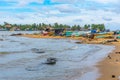 Fishing boats mooring at the shore of Negombo lagoon in Sri Lank