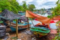 Fishing boats mooring at the shore of Negombo lagoon in Sri Lank