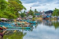 Fishing boats mooring at the shore of Negombo lagoon in Sri Lank