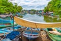 Fishing boats mooring at the shore of Negombo lagoon in Sri Lank