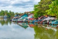 Fishing boats mooring at the shore of Negombo lagoon in Sri Lank