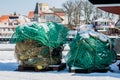 Fishing accessories, nets and ropes on a boat for fishing. Winter season.