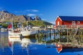 Fishing boats in Reine Village, Lofoten Islands,  Norway.  The Typical Norwegian fishing village of Reine under midnight sun, Royalty Free Stock Photo