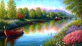 Fishing boats on the river among green rural fields, idyllic oil painting illustration