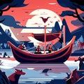 Fishing boats on the river at sunset. Vector illustration in flat style AI Generated