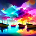 Fishing boats in the sea on a background of colorful sky with clouds Generative AI