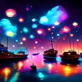 Fishing boats in the sea at night with stars and clouds. generative AI