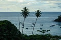 Fishing boats at sea in Parlatuvier Bay on tropical Caribean island of Tobago Royalty Free Stock Photo