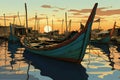 Fishing boats in the sea at sunset - render illustration