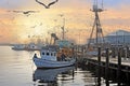 Fishing boats and seagulls in the harbor at sunset, A busy fishing dock with seagulls, boats and fishermen at work, AI Generated