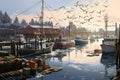 Fishing boats and seagulls in a harbor in winter, A busy fishing dock with seagulls, boats and fishermen at work, AI Generated