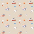 Fishing boats, seagulls, and shells. Watercolor seamless pattern for print, baby fabric.