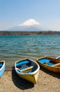 Fishing boats, Shoji Lake, Mount Fuji, Japan Royalty Free Stock Photo