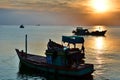 Fishing boats silhouettes at sunset. Duong Dong. Phu Quoc. Vietnam Royalty Free Stock Photo