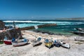 Fishing boats on slipway at Sennen Cove harbor, Cornwall UK ,June 11-2022