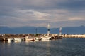 Fishing Boats in Small harbour, Dramatic Morning Light, Greece Royalty Free Stock Photo