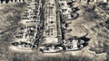 Fishing boats in a small port, aerial overhead view from drone Royalty Free Stock Photo