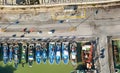 Fishing boats in a small port, aerial overhead view from drone Royalty Free Stock Photo