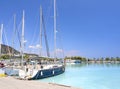 Fishing boats stand in the marina of the resort town of Methana in the Peloponnese in Greece Royalty Free Stock Photo